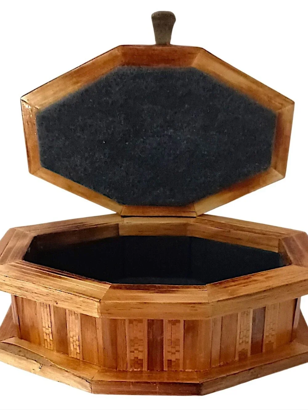 Vtg Straw Bamboo Inlaid Marquetry Trinket Jewelry Box Wood Velvet Tramp Boho